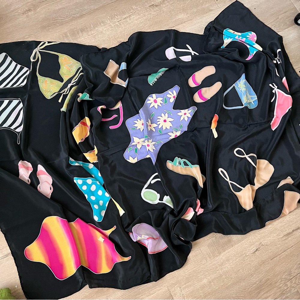 Huge Thick Silk Scarf Wrap‎ Black With Beach Theme - 70” X 38” - Vacation Party